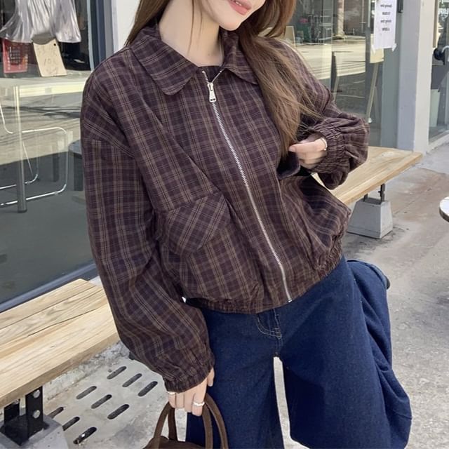 Beem-Puff-Sleeve Plaid Pocket Detail Zip Jacket
