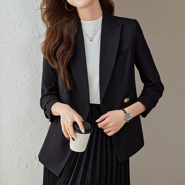 Skyheart-Peak Lapel Plain Asymmetrical One-Buttoned Blazer