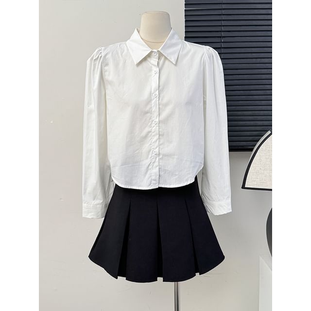 Lemongrass-Puff-Sleeve Loose Crop Shirt