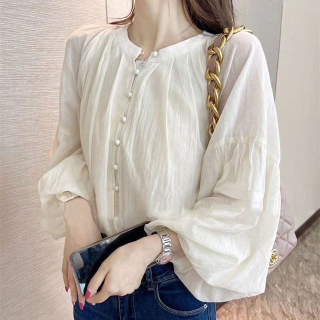 Everose-Band Collar Plain Ruched Blouse