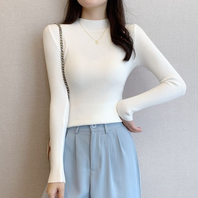 MIKIGA-Mock Neck Plain Ribbed Sweater