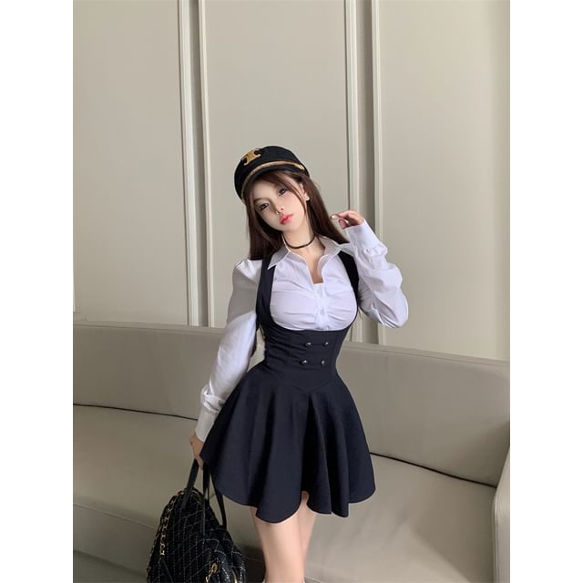 Guromo - Long-Sleeve Plain Shirt / Round Neck Crop Button Guromo - Long-Sleeve Plain Shirt / Round Neck Crop Button