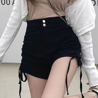 Maisee-High Waist Drawstring Ruched Denim Hot Pants