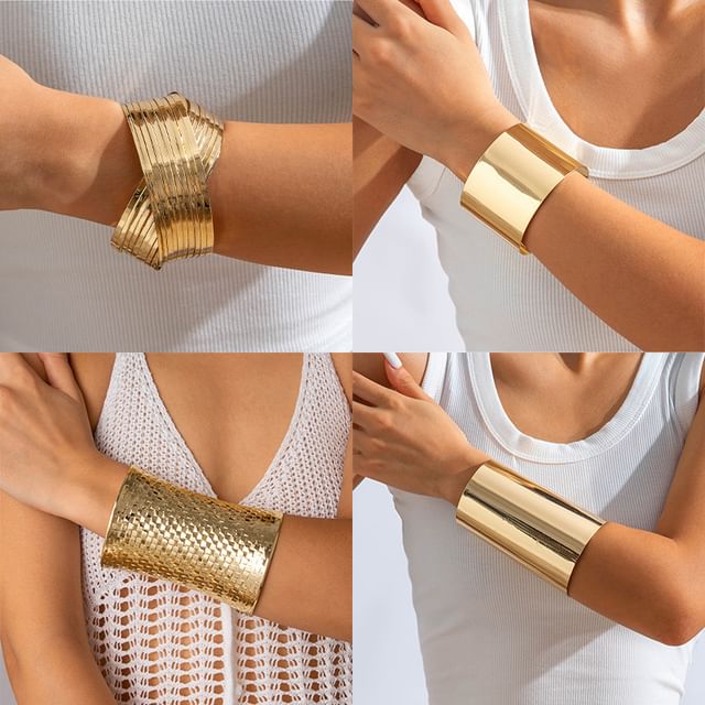 Seirios-Gold Tone Cuff Bracelet Ring Set