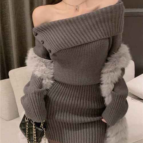 BBChic Long Sleeve Cold Shoulder Plain Mini Sweater Dress YesStyle