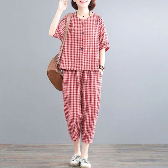 Everose-Set Elbow-Sleeve Plaid Top Harem Pants