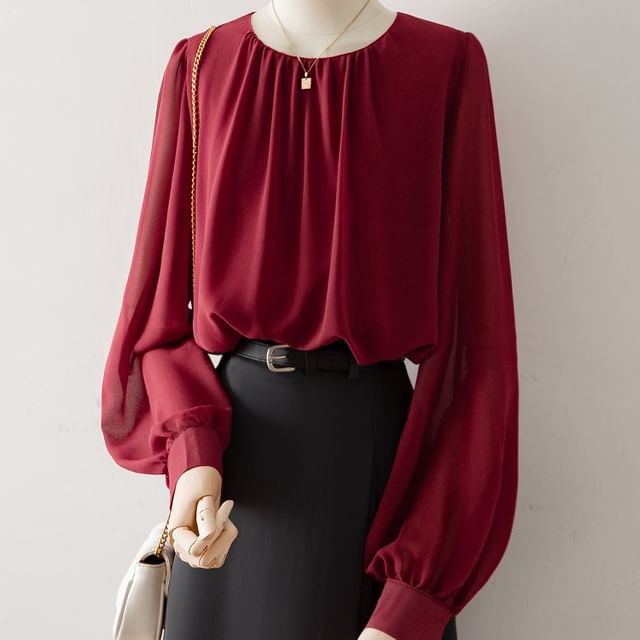 Cossita-Long-Sleeve Crew Neck Plain Blouse