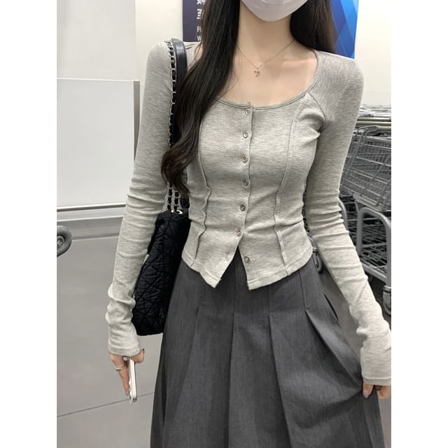 Beem-Long Sleeve Scoop Neck Plain Panel Button Top