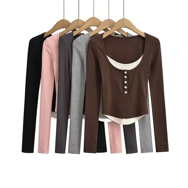 Faiar-Mock Two-Piece Long-Sleeve Two Tone Top