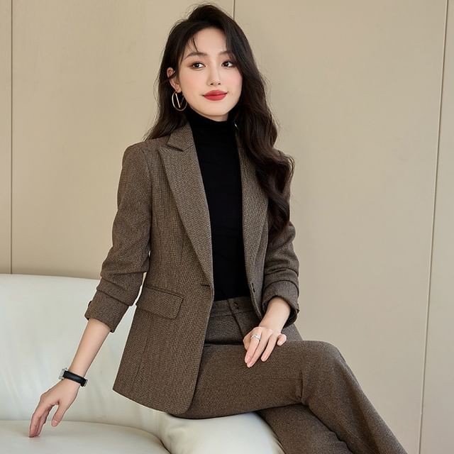 Skyheart-Plain One-Buttoned Blazer High Rise Straight Leg Slacks Set