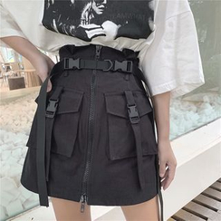 Fabricino - Buckled Strap Pockets Zip-Up A-Line Paperbag Cargo Mini Skirt Fabricino - Buckled Strap Pockets Zip-Up A-Line Paperbag Cargo Mini Skirt