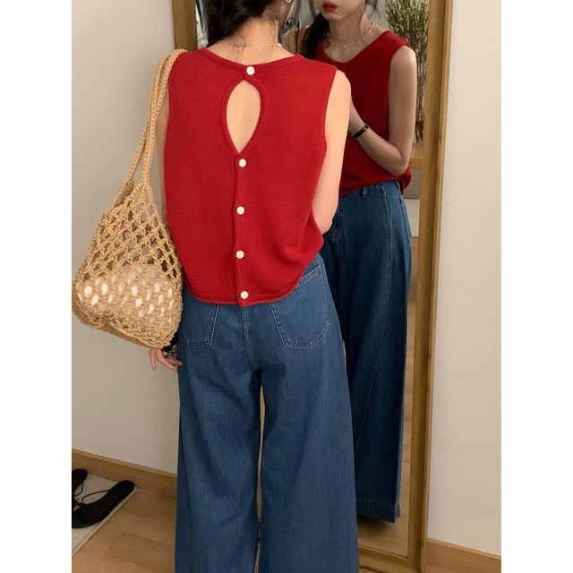 OUREA-Sleeveless Round Neck Plain Cutout Button Knit Top