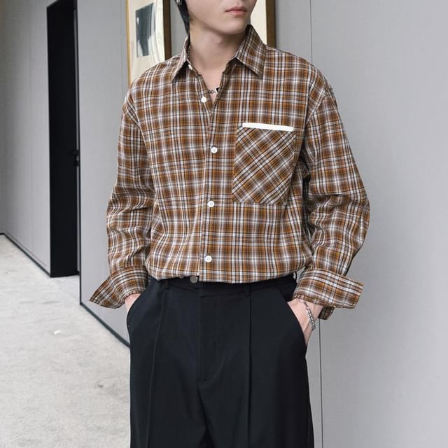 Freehop-Long-Sleeve Plaid Button-Up Shirt