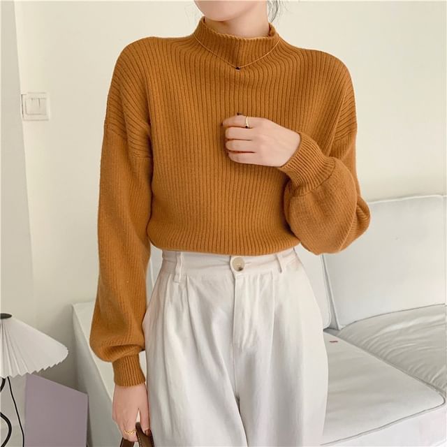 ISSOL-Mock Neck Plain Ribbed Sweater