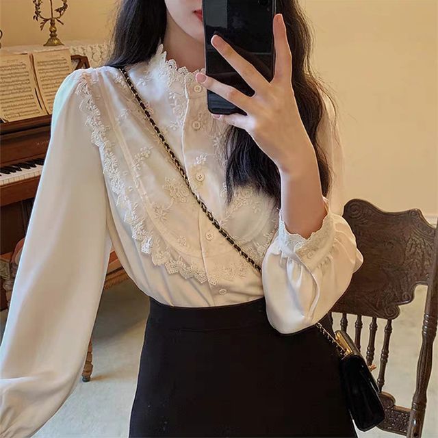 Everose-Long-Sleeve Mock Neck Plain Lace Panel Button-Up Blouse