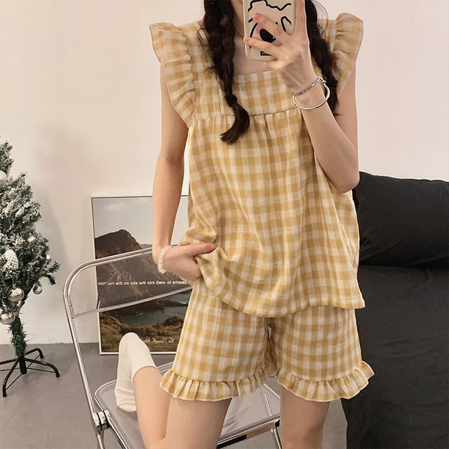 Siensien-Spaghetti Strap Plaid Pajama Set