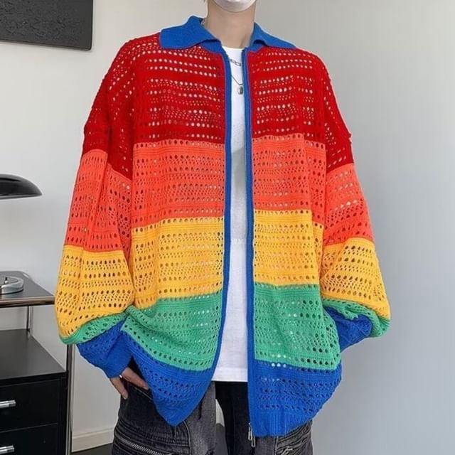 Sinlarity-Collared Rainbow Block Zip-Up Cardigan