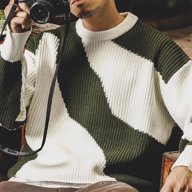 Blueforce-Round Neck Two Tone Ribbed Sweater