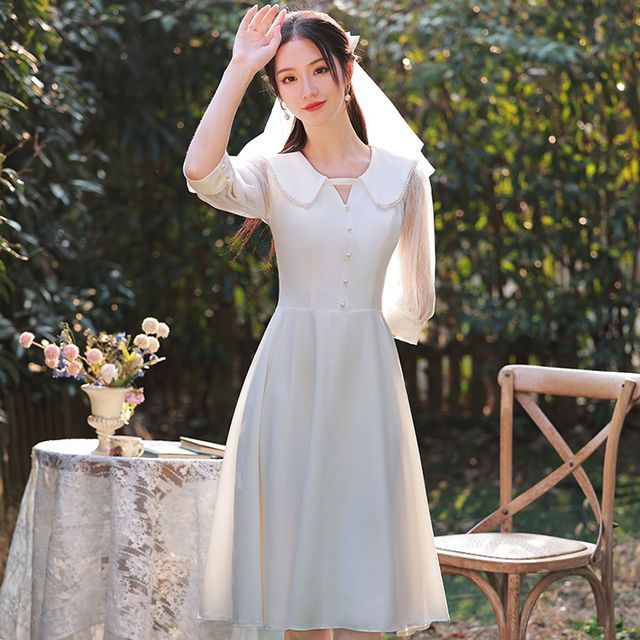 OOMEI - Long-Sleeve Collar Plain Midi A-Line Wedding Dress | YesStyle