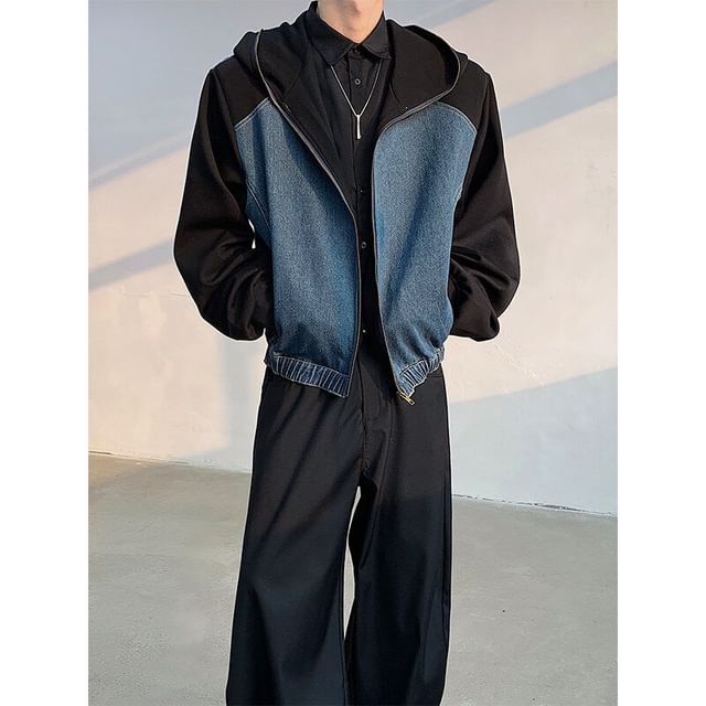 Freehop-Hooded Washed Denim Panel Zip Jacket