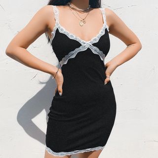 spaghetti honet bodycon strap trim lace mini dress