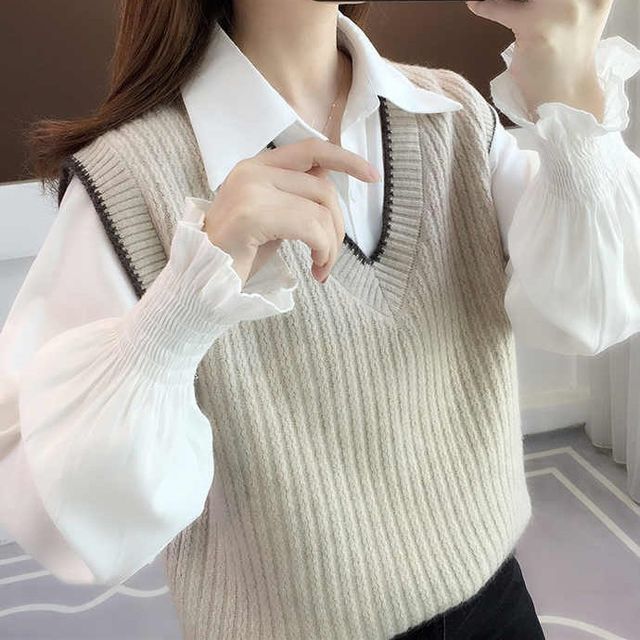 daisydreams - V-Neck Contrast Trim Ribbed Sweater Vest / Long-Sleeve ...