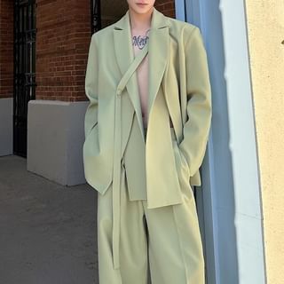 Omozando-Set Mock Two-Piece Peak Lapel Plain Buttoned Slit Blazer Mid Rise Wide Leg Dress Pants