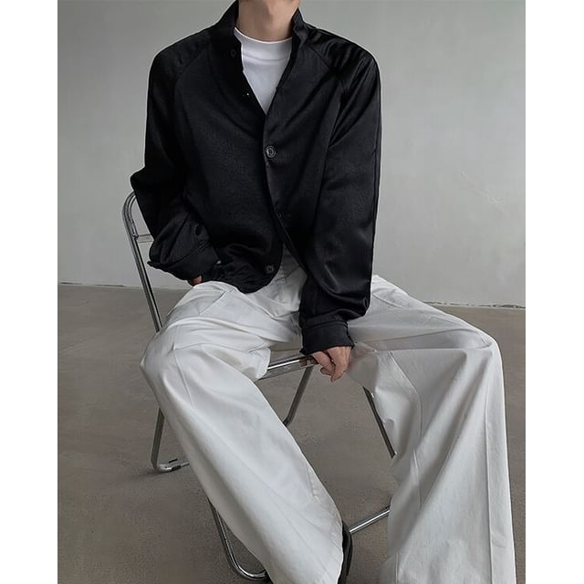 Omozando-Stand Collar Button-Up Plain Jacket