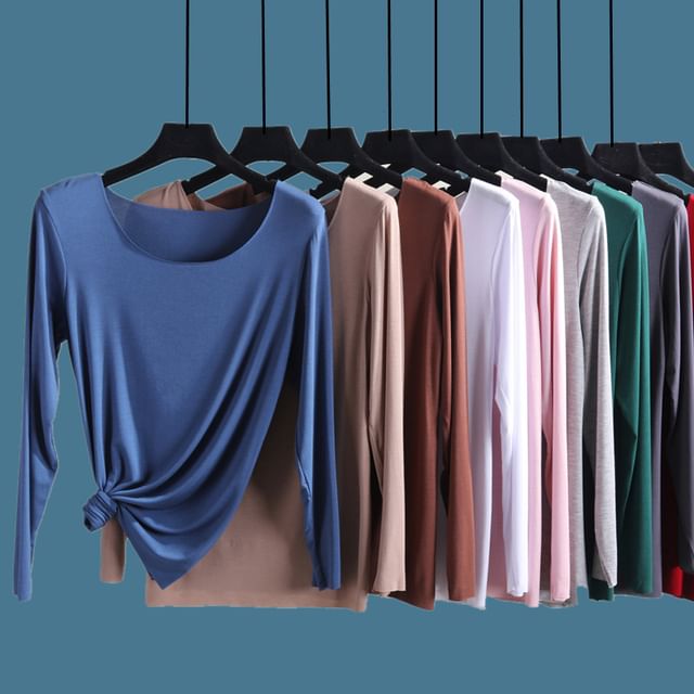 KUMI-Long-Sleeve Crewneck Plain Top