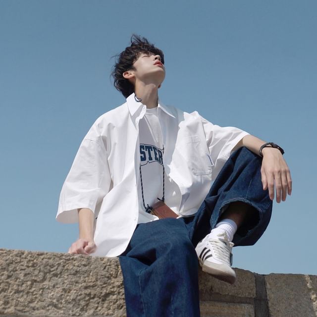 DuckleBeam-Elbow-Sleeve Pocketed Plain Shirt