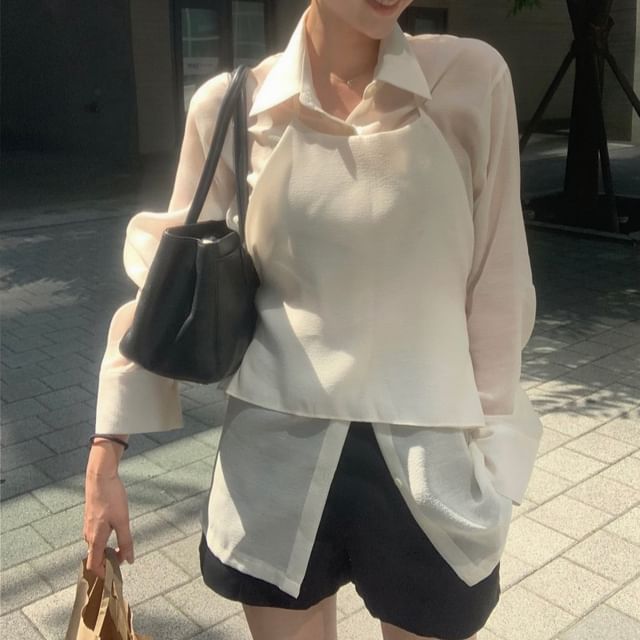 Coris-Set Long-Sleeve Collared Plain Shirt Halter Neck Plain Shirt