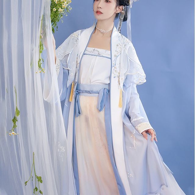 Lillilotus - Long-Sleeve Embroidered Hanfu Top / Shawl / Maxi A-Line ...