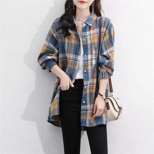 INEN-Long-Sleeve Plaid Shirt