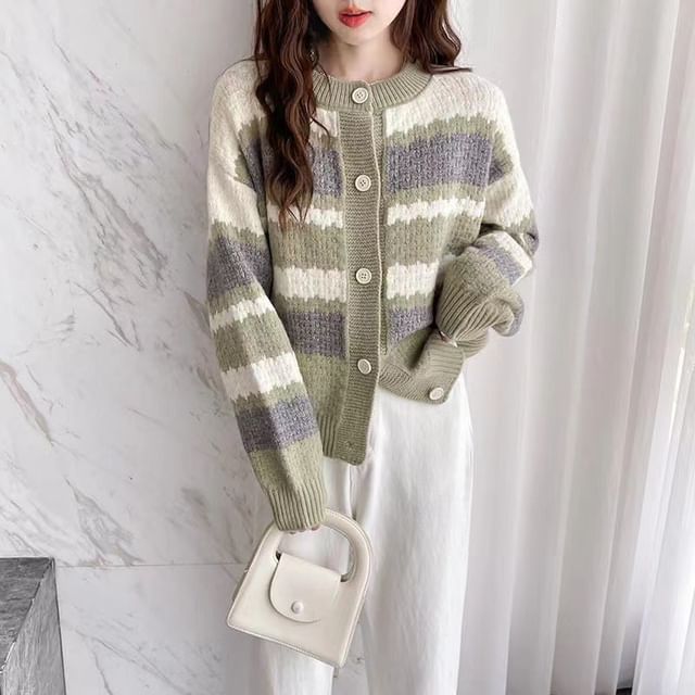 Sienne-Striped Round Neck Button Up Cardigan