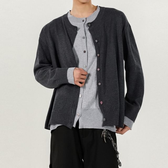 Omozando-Round Neck Two Tone Mock Two-Piece Cardigan