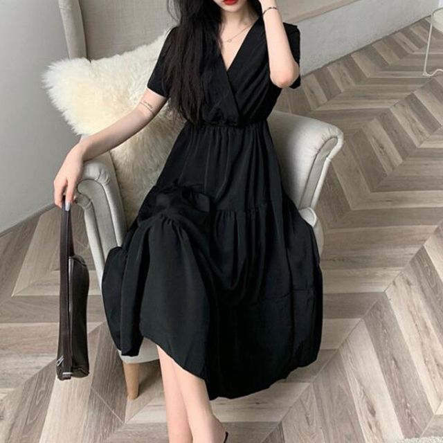 MARION - Short-Sleeve V-Neck Plain Midi A-Line Dress | YesStyle