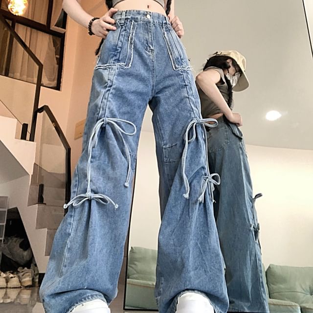 Shineon Studio-Low Rise Drawstring Washed Wide Leg Cargo Jeans