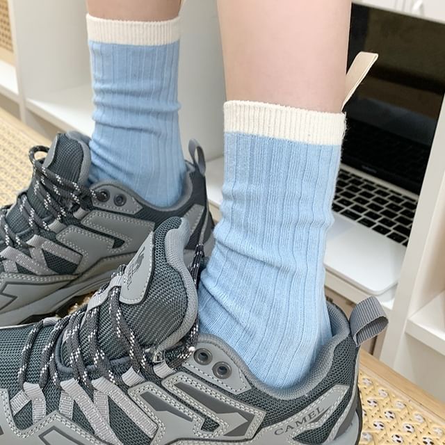 Mimiyu-Contrast Trim Ribbed Socks Set