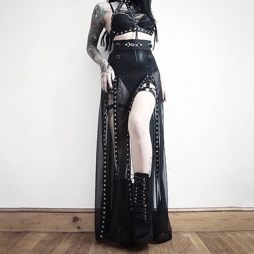 Malnia Home - Punk High Rise Studded Sheer Slit Maxi Skirt | YesStyle