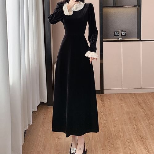 Aurora - Long Sleeve Mock Neck Two Tone Ruffle Trim Velvet A-Line