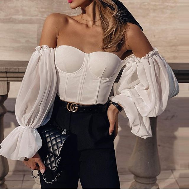 Off Shoulder White Corset Top With Puff Sleeves Plus White Bardot
