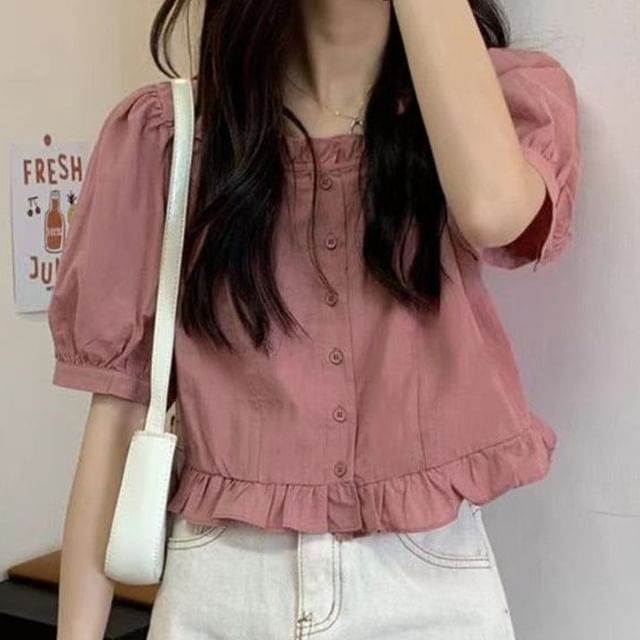 Sisyphi-Puff-Sleeve Square Neck Plain Frill Trim Button-Up Crop Blouse