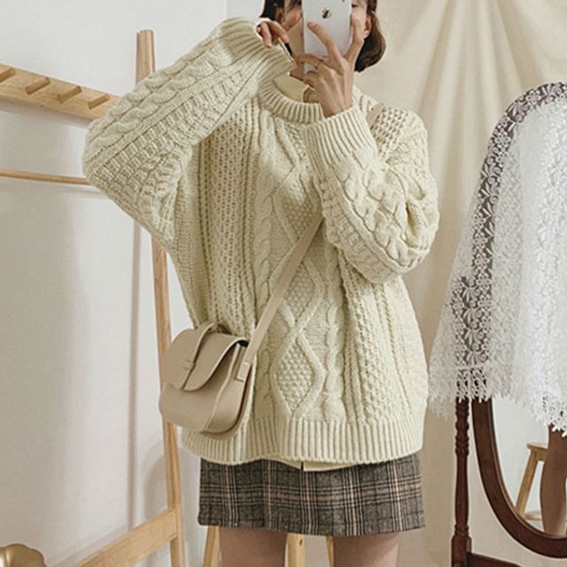 Leoom - Cable Knit Sweater / Plaid Skirt | YesStyle