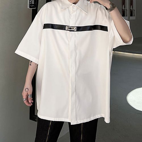 Short Sleeve Faux Leather Panel Metal Detail Oversized Shirt
