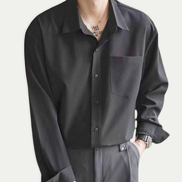 Aucucci-Long-Sleeve Pocketed Plain Shirt