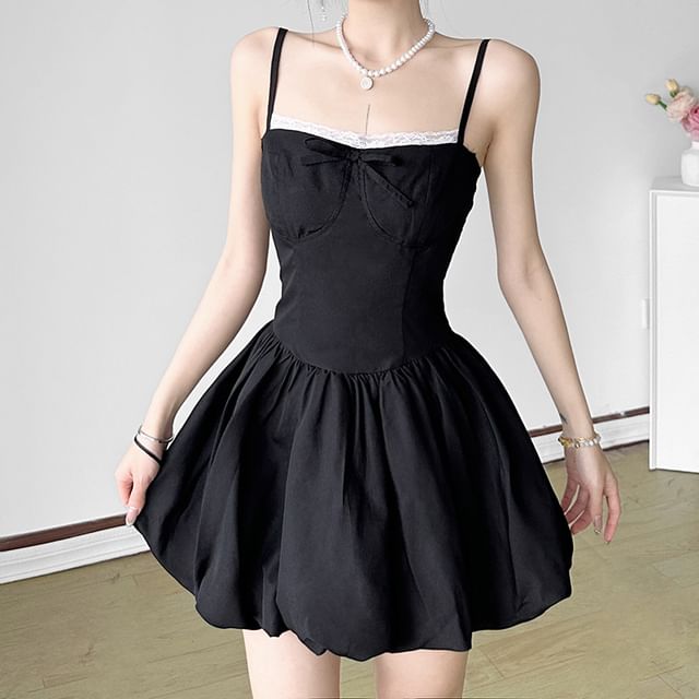 Honet-Spaghetti Strap Lace-Trim Plain Ruched Open-Back Mini Bubble-Hem Dress