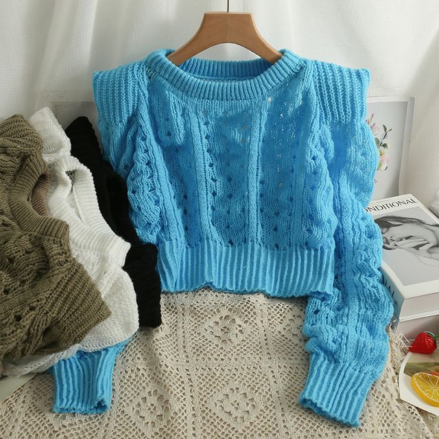 Lemongrass-Eyelet Cropped Light Knit Top