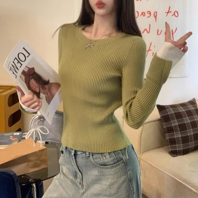 Allinya-Long-Sleeve Crew Neck Two Tone Ribbed Knit Top