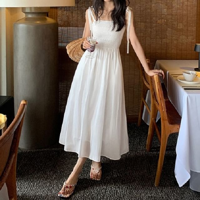 Cloud Nine-Tie Shoulder Plain Maxi A-Line Dress