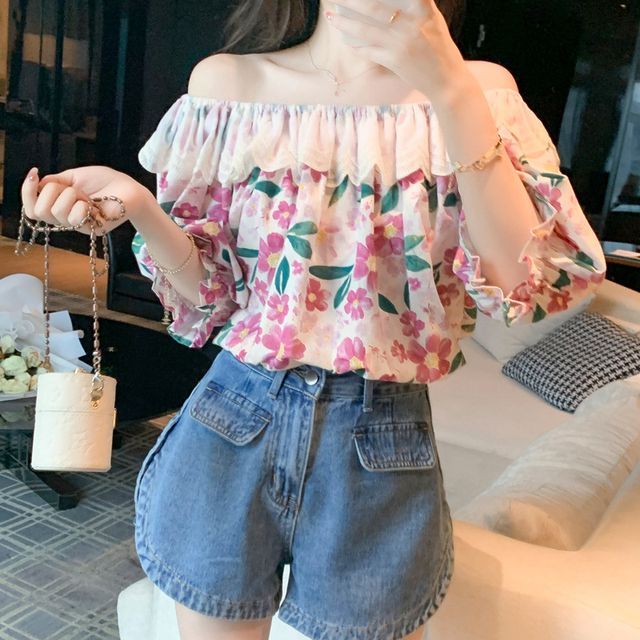 Women Chiffon Blouses Shirts Summer Floral Print Off Shoulder Tops